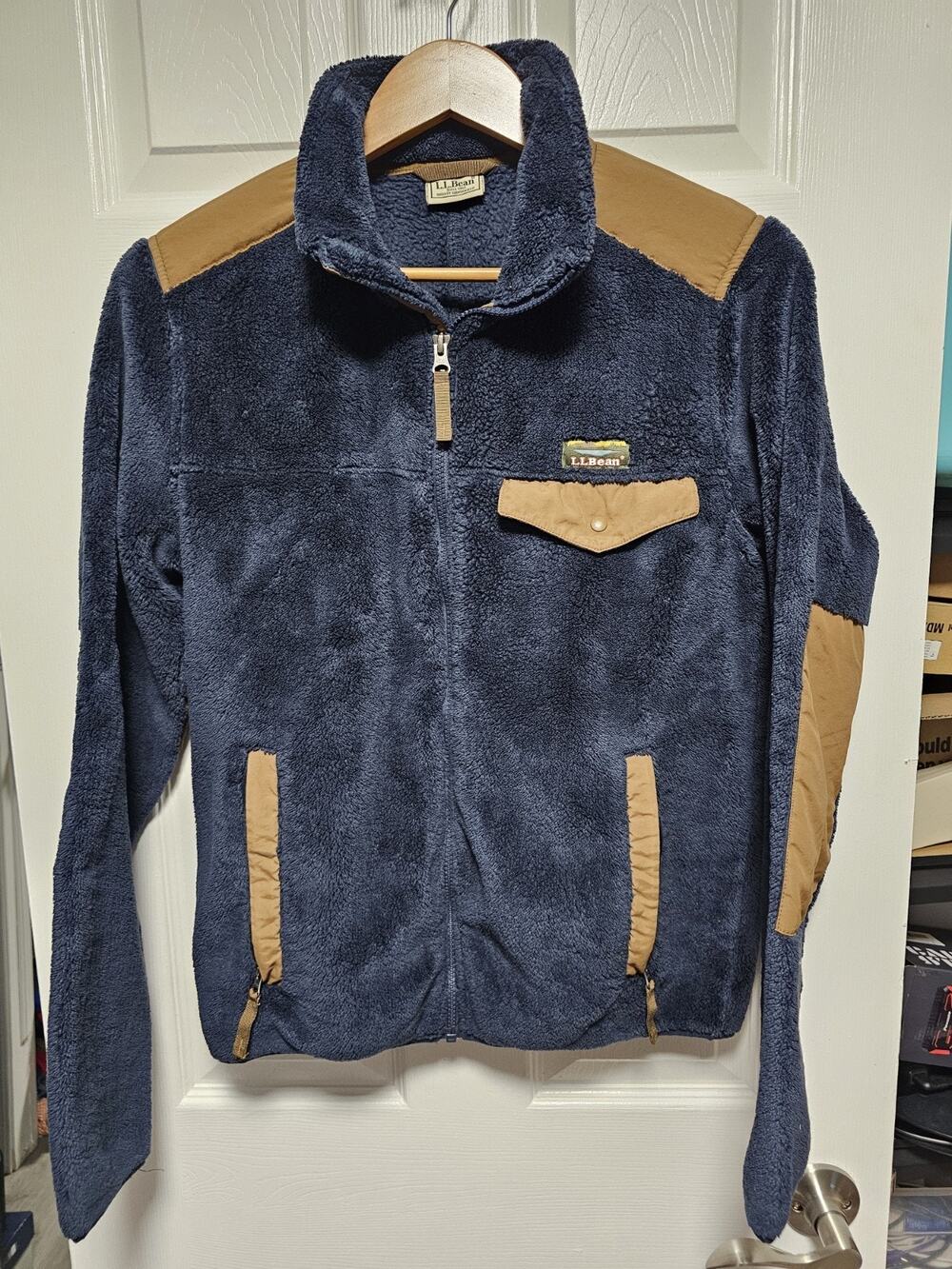 L.L. Bean Men's Hi-Pile Fleece Jacket Sz S Reg Navy Blue Ochre Elbow Patches